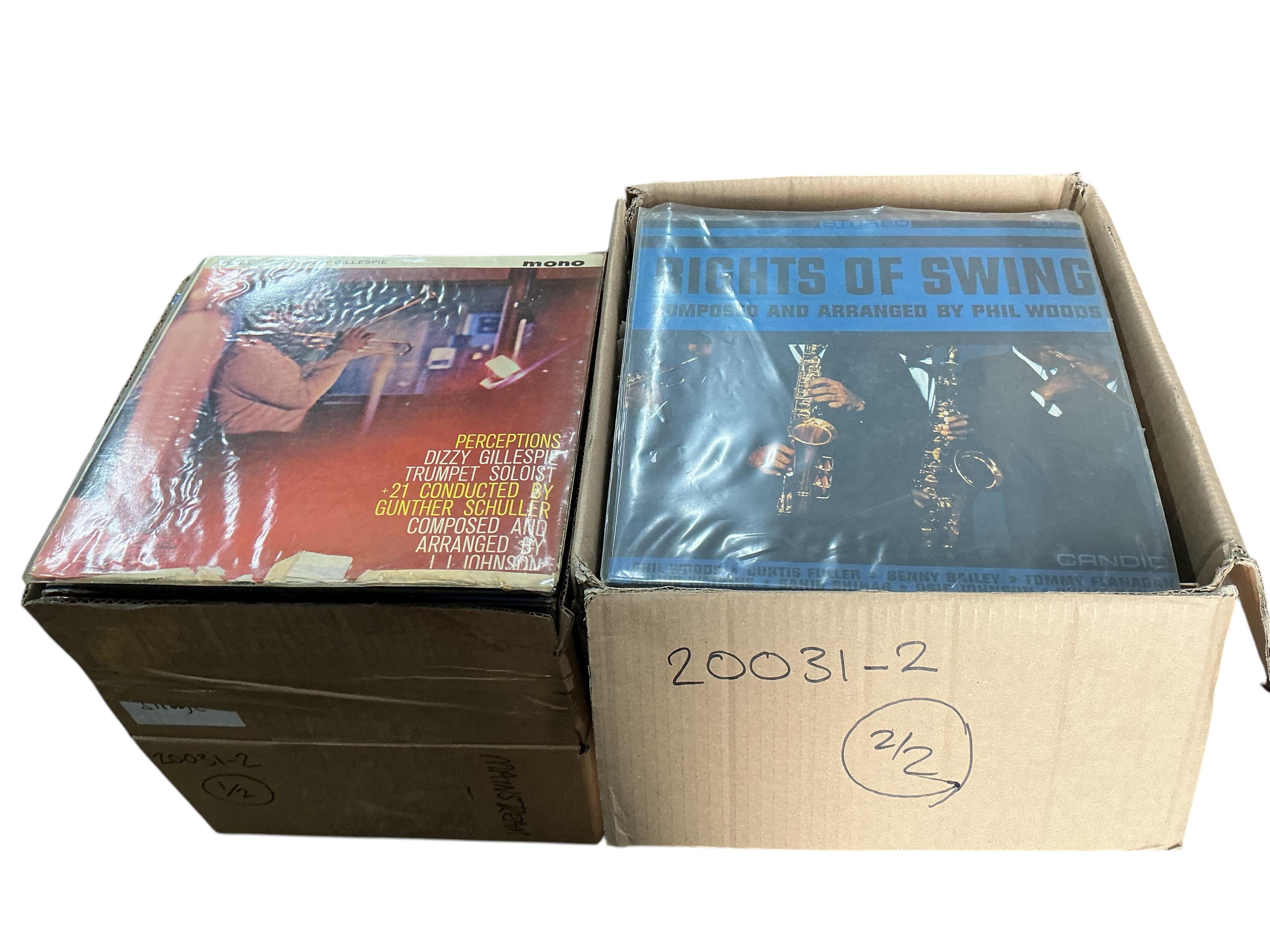 Two boxes of jazz LP record albums, artists including; Bud Shank, Charlie Parker, Rex Stewart, Morrissey Mullen, The Manhattan Transfer, Stefan Grappelli, Earl Bostic, Louis Armstrong, etc.